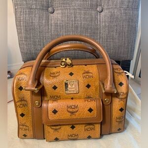 MCM Cognac Visetos Satchel with Gold Hardware